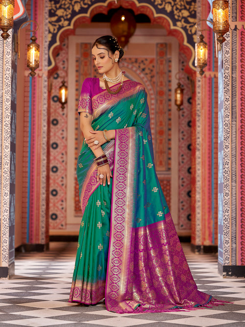 Dista Elora Teal Gadhval Soft Silk Banarasi Jacquard Butti Work Designer Saree