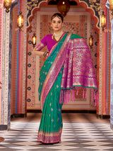 Dista Elora Teal Gadhval Soft Silk Banarasi Jacquard Butti Work Designer Saree, view 2