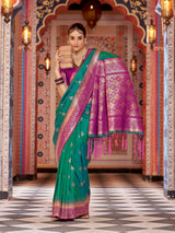 Dista Elora Teal Gadhval Soft Silk Banarasi Jacquard Butti Work Designer Saree, view 3