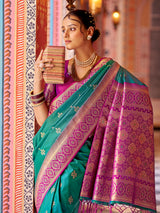 Dista Elora Teal Gadhval Soft Silk Banarasi Jacquard Butti Work Designer Saree, view 4