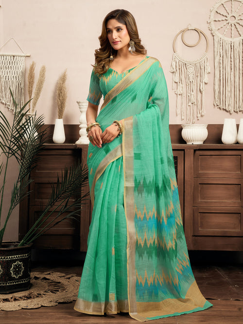 Dista Elora Teal Green Linen Ikat Printed Ready To Wear Saree With Pocket