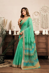 Dista Elora Teal Green Linen Ikat Printed Ready To Wear Saree With Pocket, view 2