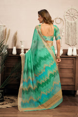 Dista Elora Teal Green Linen Ikat Printed Ready To Wear Saree With Pocket, view 3