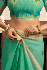 Dista Elora Teal Green Linen Ikat Printed Ready To Wear Saree With Pocket, view 4