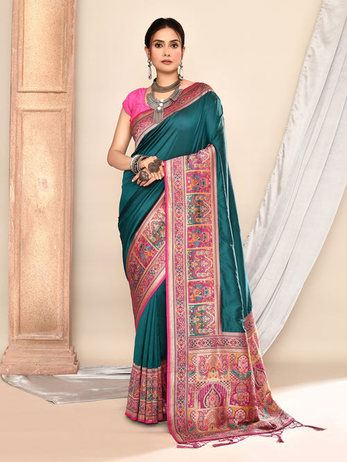 Dista Elora Teal Green Pure Soft Silk Banarasi Plain Weaving Saree