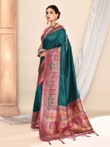 Dista Elora Teal Green Pure Soft Silk Banarasi Plain Weaving Saree, view 2