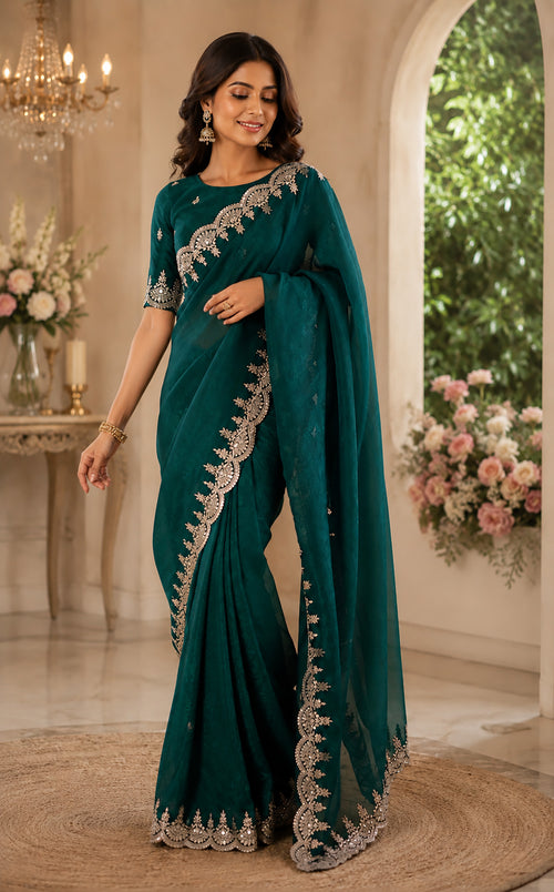 Dista Elora Teal Green Shimmer Chiffon Plain/Solid Scalloped Edge Embroidered Border Bollywood Saree