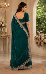 Dista Elora Teal Green Shimmer Chiffon Plain/Solid Scalloped Edge Embroidered Border Bollywood Saree, view 2