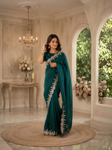 Dista Elora Teal Green Shimmer Chiffon Plain/Solid Scalloped Edge Embroidered Border Bollywood Saree, view 3