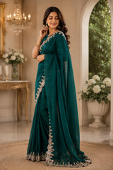 Dista Elora Teal Green Shimmer Chiffon Plain/Solid Scalloped Edge Embroidered Border Bollywood Saree, view 4