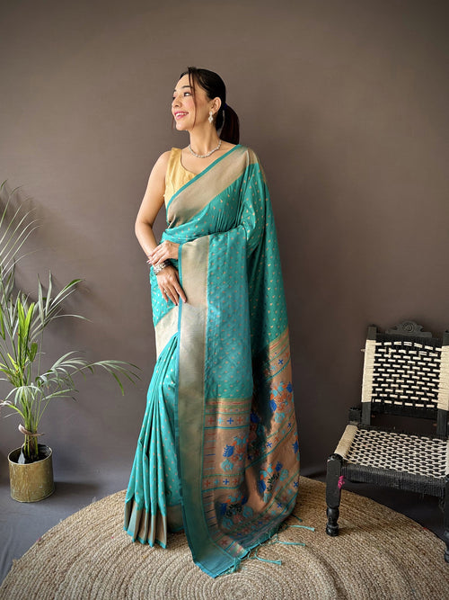 Dista Elora Teal Green Soft Lichi Silk Jacquard Butti Zari Weaving Paithani Saree