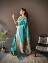 Dista Elora Teal Green Soft Lichi Silk Jacquard Butti Zari Weaving Paithani Saree, view 2