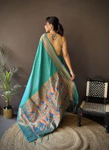 Dista Elora Teal Green Soft Lichi Silk Jacquard Butti Zari Weaving Paithani Saree, view 3