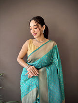 Dista Elora Teal Green Soft Lichi Silk Jacquard Butti Zari Weaving Paithani Saree, view 4