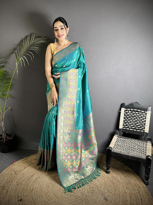 Dista Elora Teal Green Soft Lichi Silk Multicolour Minakari Zari Weaving Patola Saree
