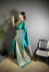 Dista Elora Teal Green Soft Lichi Silk Multicolour Minakari Zari Weaving Patola Saree, view 2