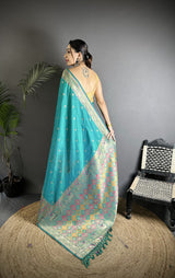 Dista Elora Teal Green Soft Lichi Silk Multicolour Minakari Zari Weaving Patola Saree, view 3