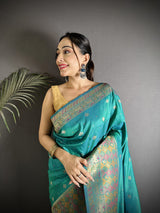 Dista Elora Teal Green Soft Lichi Silk Multicolour Minakari Zari Weaving Patola Saree, view 4