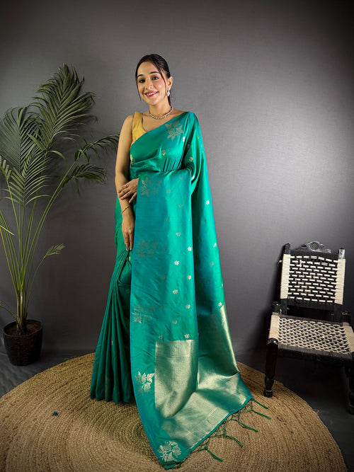 Dista Elora Teal Lichi Silk Flower Zari Weaving Banarasi Saree