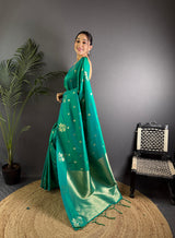 Dista Elora Teal Lichi Silk Flower Zari Weaving Banarasi Saree, view 2