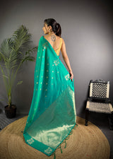 Dista Elora Teal Lichi Silk Flower Zari Weaving Banarasi Saree, view 4