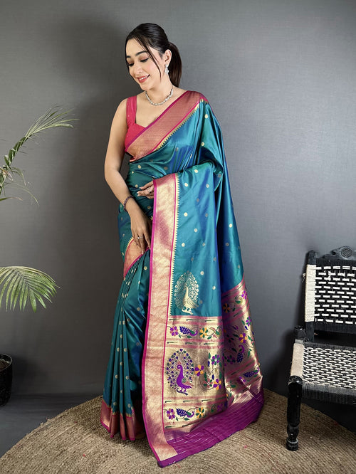 Dista Elora Teal Lichi Silk Paithani Peacock Motifs Zari Work Saree