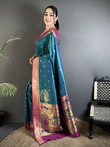 Dista Elora Teal Lichi Silk Paithani Peacock Motifs Zari Work Saree, view 2