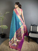 Dista Elora Teal Lichi Silk Paithani Peacock Motifs Zari Work Saree, view 3