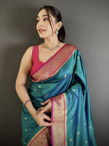 Dista Elora Teal Lichi Silk Paithani Peacock Motifs Zari Work Saree, view 4