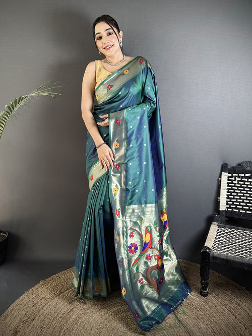 Dista Elora Teal Lichi Silk Parrot & Floral Woven Design Zari Weaving Paithani Saree