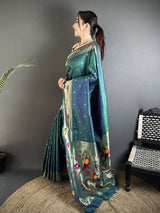 Dista Elora Teal Lichi Silk Parrot & Floral Woven Design Zari Weaving Paithani Saree, view 2