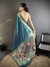 Dista Elora Teal Lichi Silk Parrot & Floral Woven Design Zari Weaving Paithani Saree, view 3