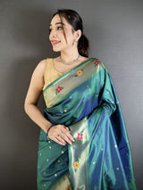 Dista Elora Teal Lichi Silk Parrot & Floral Woven Design Zari Weaving Paithani Saree, view 4