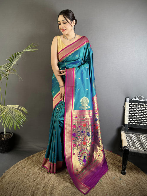 Dista Elora Teal Lichi Silk Peacock & Floral Motifs Zari Weaving Paithani Saree