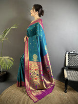 Dista Elora Teal Lichi Silk Peacock & Floral Motifs Zari Weaving Paithani Saree, view 2