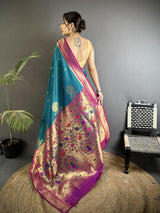 Dista Elora Teal Lichi Silk Peacock & Floral Motifs Zari Weaving Paithani Saree, view 3