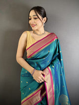 Dista Elora Teal Lichi Silk Peacock & Floral Motifs Zari Weaving Paithani Saree, view 4