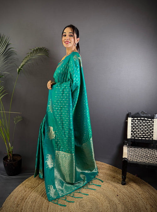 Dista Elora Teal Lichi Silk Striped Jacquard Zari Weaving Banarasi Saree