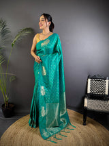 Dista Elora Teal Lichi Silk Striped Jacquard Zari Weaving Banarasi Saree, view 2