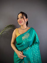 Dista Elora Teal Lichi Silk Striped Jacquard Zari Weaving Banarasi Saree, view 3
