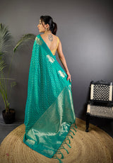 Dista Elora Teal Lichi Silk Striped Jacquard Zari Weaving Banarasi Saree, view 4