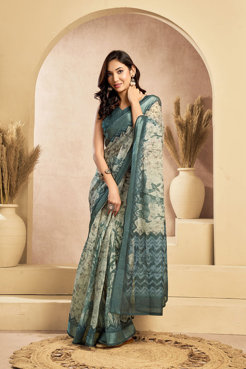 Dista Elora Teal & Off White Linen Floral Motifs Printed Ready To Wear Saree