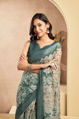Dista Elora Teal & Off White Linen Floral Motifs Printed Ready To Wear Saree, view 2
