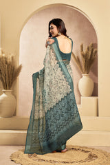 Dista Elora Teal & Off White Linen Floral Motifs Printed Ready To Wear Saree, view 4