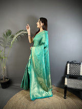 Dista Elora Teal Satin Silk Floral Motifs & Ethnic Silver Zari Design Kanchipuram Saree, view 2