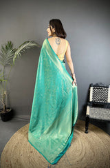 Dista Elora Teal Satin Silk Floral Motifs & Ethnic Silver Zari Design Kanchipuram Saree, view 3