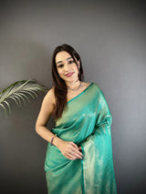 Dista Elora Teal Satin Silk Floral Motifs & Ethnic Silver Zari Design Kanchipuram Saree, view 4