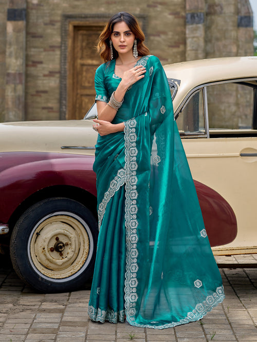 Dista Elora Teal Shimmer Chiffon Geometric Embroidery Work Bollywood Saree