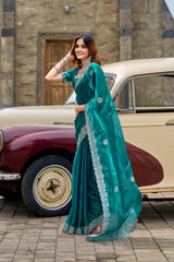 Dista Elora Teal Shimmer Chiffon Geometric Embroidery Work Bollywood Saree, view 2