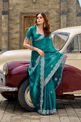 Dista Elora Teal Shimmer Chiffon Geometric Embroidery Work Bollywood Saree, view 3